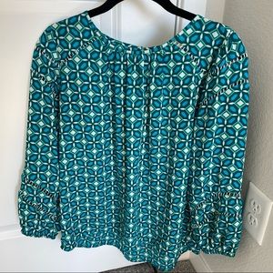 LOFT Teal Geometric Print 3/4 Sleeve Blouse